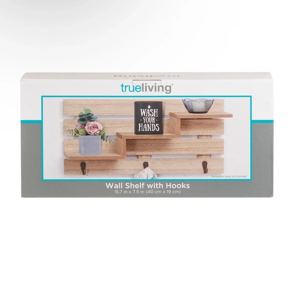 NEW TruLiving Wall Shelf 3 Hook Tan Comes with Screws
